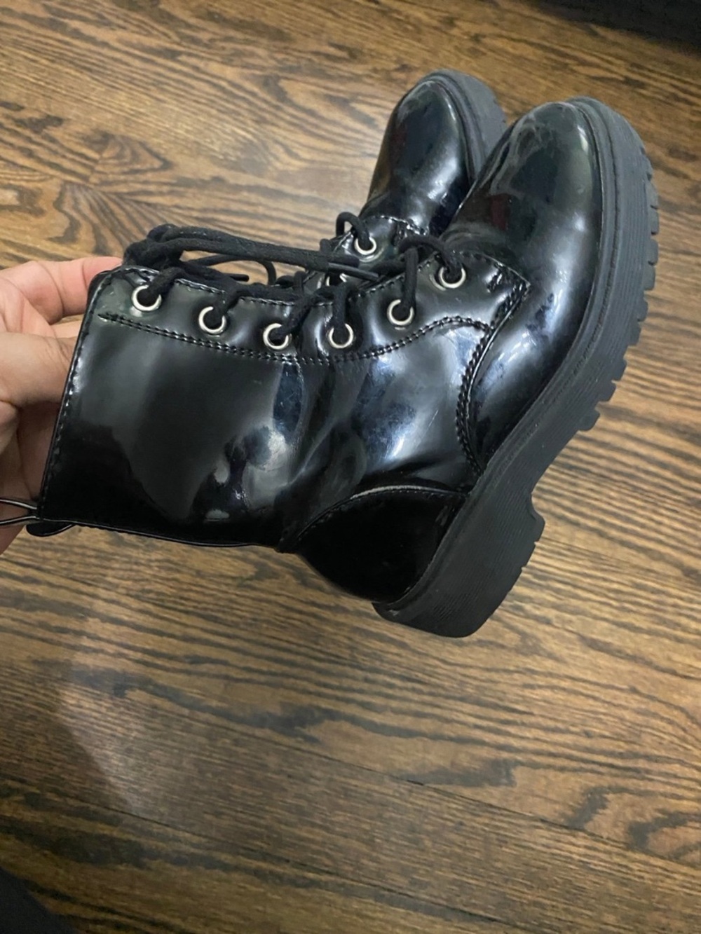 Kids Black Patent Lace-Up Combat Boots